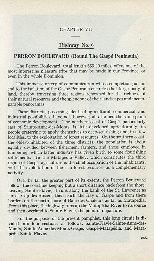 Page 265 du livre Along Quebec Highways présentant le nouveau Boulevard Perron de 553.20 milles permettant de faire le tour de la Gaspésie.