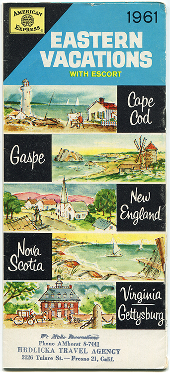 Cover of a tourist pamphlet of the American Express travel agency. The pamphlet presents 5 destinations on the east coast: Cape Cod, Gaspé, New England, Nova Scotia and Virginia/Gettysburg. Each destination is represented by a bucolic watercolour representing the typical landscape of each region.