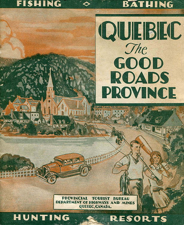 Cover of a colored brochure titled Quebec The Good Roads Province brochure. The illustration shows a coastal village on the Gaspé Peninsula. In the foreground, a young couple seems to be coming back from fishing, the man carries and de woman an oar. Behind them, a car passes through the village and in the background some rustic houses are clustered around a church at the foot of a mountain. The words Fishing, Bathing, Hunting and Resorts are found at the top and bottom. The credit reads Provincial Tourist Bureau Department of Highways and mines Quebec, Canada.