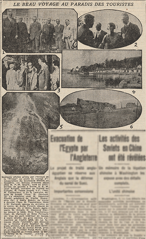 1929 newspaper clippon presenting 6 photographs of the inauguration trip of Boulevard Perron by Quebec Prime Minister, Louis-Alexander Taschereau. Photograph 1 shows a group of 6 men posing in front of a gallery. Photo 2 is a photograph of 3 men and a woman. The woman shakes the hand of a man facing her. Photo3 shows a group of 6 people and a baby at Metis Beach. Photo 4 is the interior view of the port of Gaspé. Photo 5 chows Jumelle Falls, a 150-meter drop that flows along a rock face. Photo 6 shows a view of Percé Rock from the village of Percé. In the foreground we can see some rustic houses along a road. No article accompanies the photographs, there is only the description of the photographs.