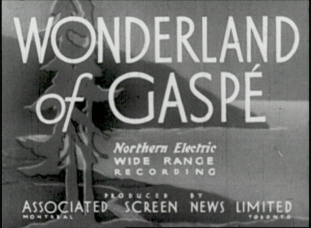 Image from the generic introduction from the short film Wonderland of Gaspé. In the background we can see a coastal landscape drawn. In the foreground stand two mature pine trees. In the background a coastal landscape represents the typical landscape of Gaspé. On this drawins it is written Wonderlan of Gaspé Northern Electric Wide Range Recording Produced by Associated Screen News Limited Toronto.