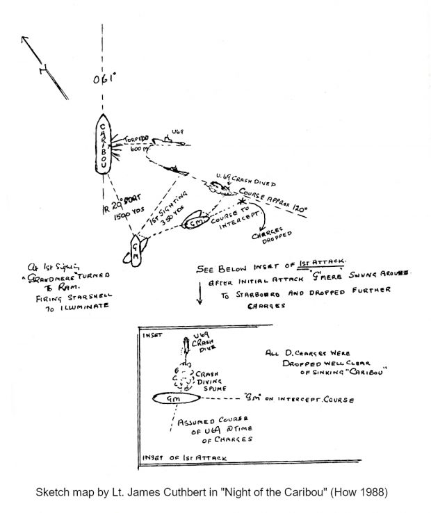 Sketch map of two ships and submarine