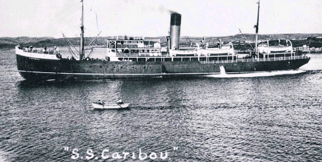 Steamship and dory on the water