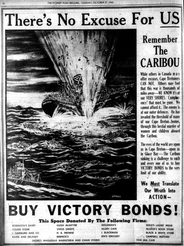 Newspaper ad showing torpedoed ship