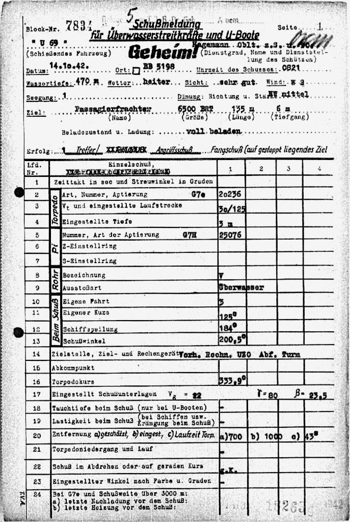 German torpedo firing report from U-69