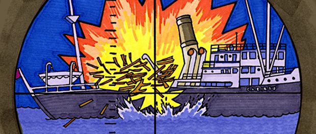 Drawing of a ship with a big explosion