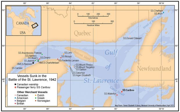 Map of the Gulf of St. Lawrence showing Allied ships sunk by U-boats in 1942