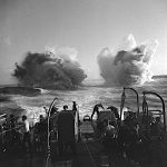 Depth charges explode astern of Canadian warship