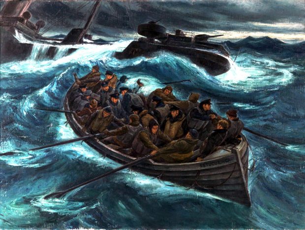 Lifeboat full of sailors with sinking ship in background