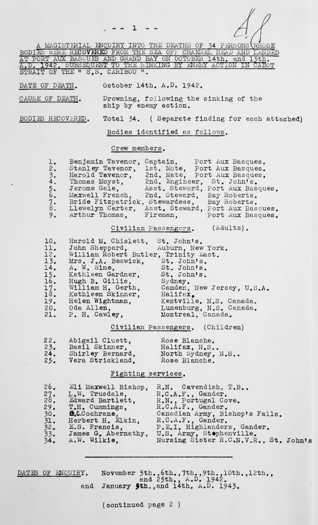 Typed list of the identities of 34 bodies recovered from the sinking of S.S. Caribou