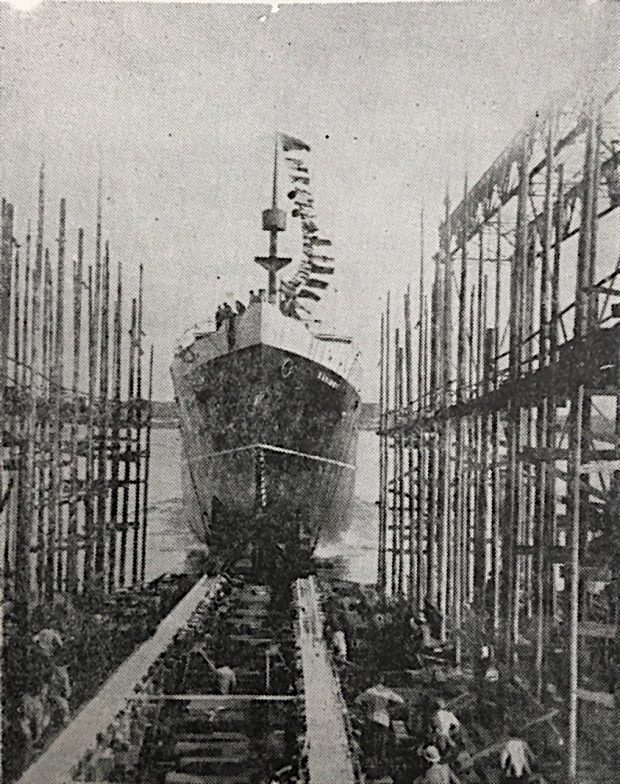 Launch of a newly-built steamship in a shipyard