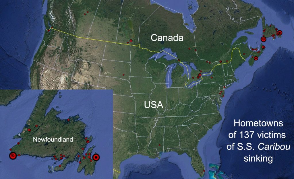 map showing hometowns of S.S. Caribou victims across North America