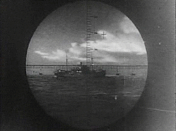 Merchant steamship in crosshairs of submarine periscope