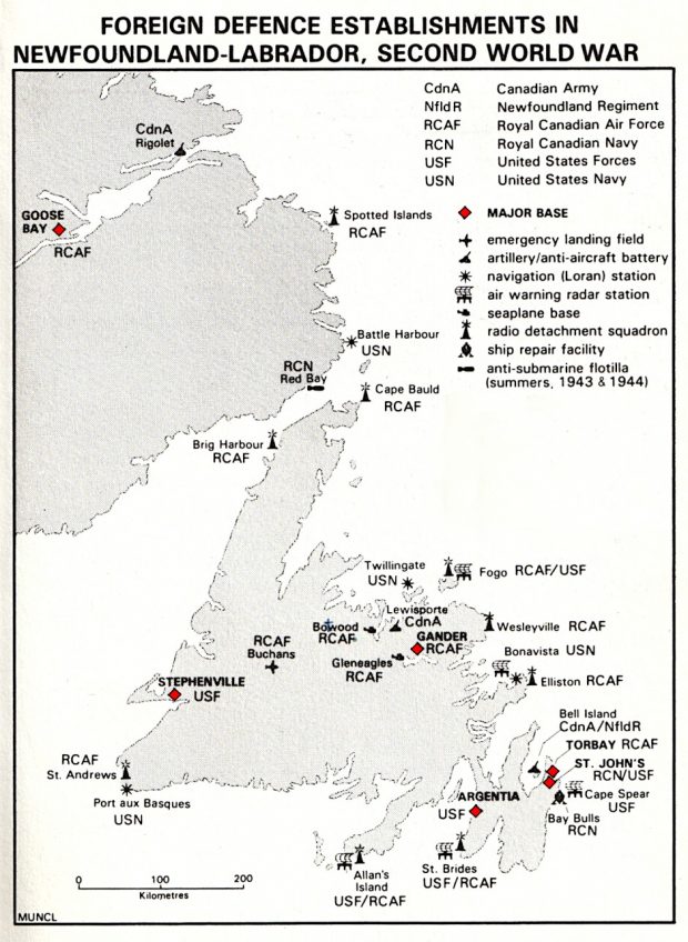 Map of Newfoundland and Labrador showing military bases in World War II