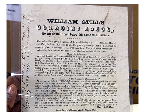 Historical advertisement document for William Still's Boarding House at No. 31 South Street, Philadelphia, featuring testimonials from newspaper editors.