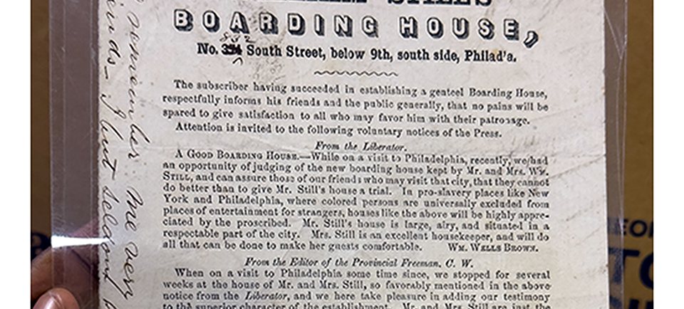 Document publicitaire historique pour la pension de William Still au No. 31 South Street, Philadelphie, avec témoignages d'éditeurs de journaux.