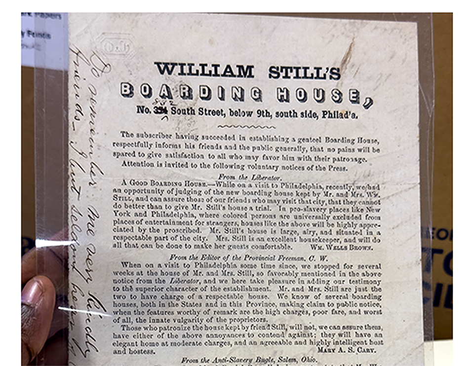 Historical advertisement document for William Still's Boarding House at No. 31 South Street, Philadelphia, featuring testimonials from newspaper editors.