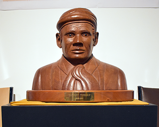 Wooden bust of Harriet Tubman, hand-carved by Grant Bone, on display at the Amherstburg Freedom Museum.