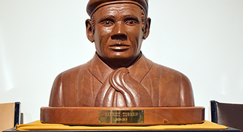 Wooden bust of Harriet Tubman, hand-carved by Grant Bone, on display at the Amherstburg Freedom Museum.