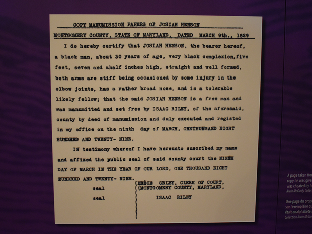Typed historical document titled Copy Manumission Papers of Josiah Henson, dated March 9th, 1829, certifying Josiah Henson’s emancipation from enslavement by Isaac Riley in Montgomery County, Maryland.