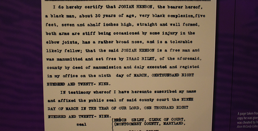 Typed historical document titled Copy Manumission Papers of Josiah Henson, dated March 9th, 1829, certifying Josiah Henson’s emancipation from enslavement by Isaac Riley in Montgomery County, Maryland.