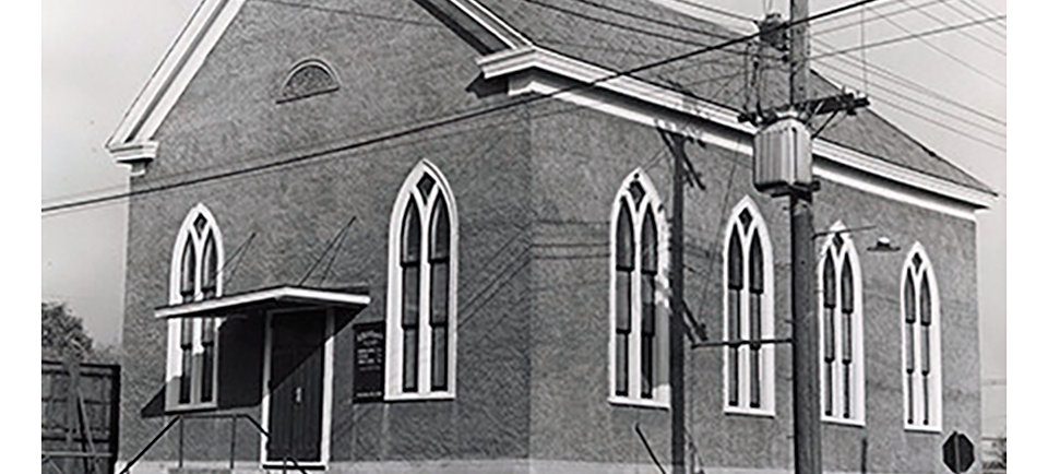 Photographie en noir et blanc de l’église historique Salem Chapel British Methodist Episcopal (BME) à St. Catharines.
