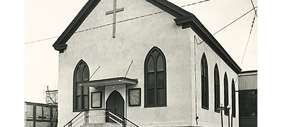 Photographie en noir et blanc de l’église historique Salem Chapel British Methodist Episcopal (BME) à St. Catharines.