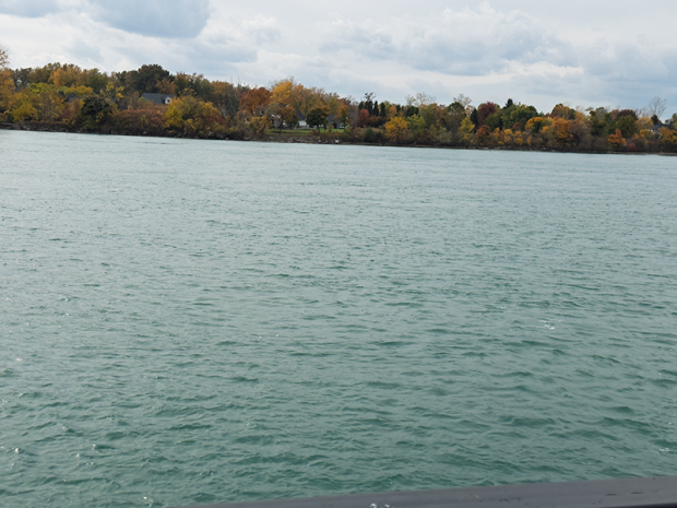 A close-up view of the Detroit River in Amherstburg, with calm water in the foreground and a shoreline lined with autumn trees in the distance under a cloudy sky. Photo by Blessing Ogunyemi.