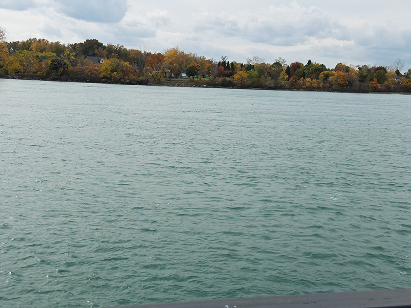 A close-up view of the Detroit River in Amherstburg, with calm water in the foreground and a shoreline lined with autumn trees in the distance under a cloudy sky. Photo by Blessing Ogunyemi.