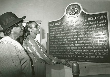 Photograph of the Harriet Ross Tubman commemorative plaque prepared for installation outside the British Methodist Episcopal Church on Geneva Street in St. Catharines, Ontario.
