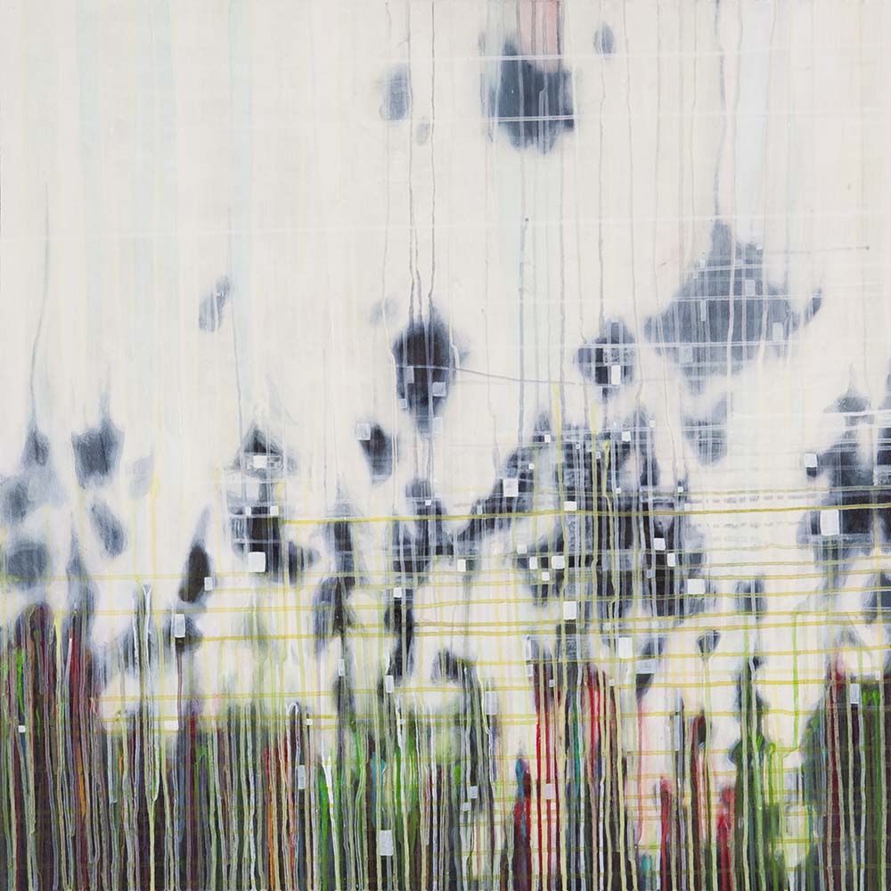 A thin squared veil overlapping a blurred landscape in which the two thirds of the top are dominated by a white mass drilled with dark spots and the last third of the painting contains many red, green and white runs.