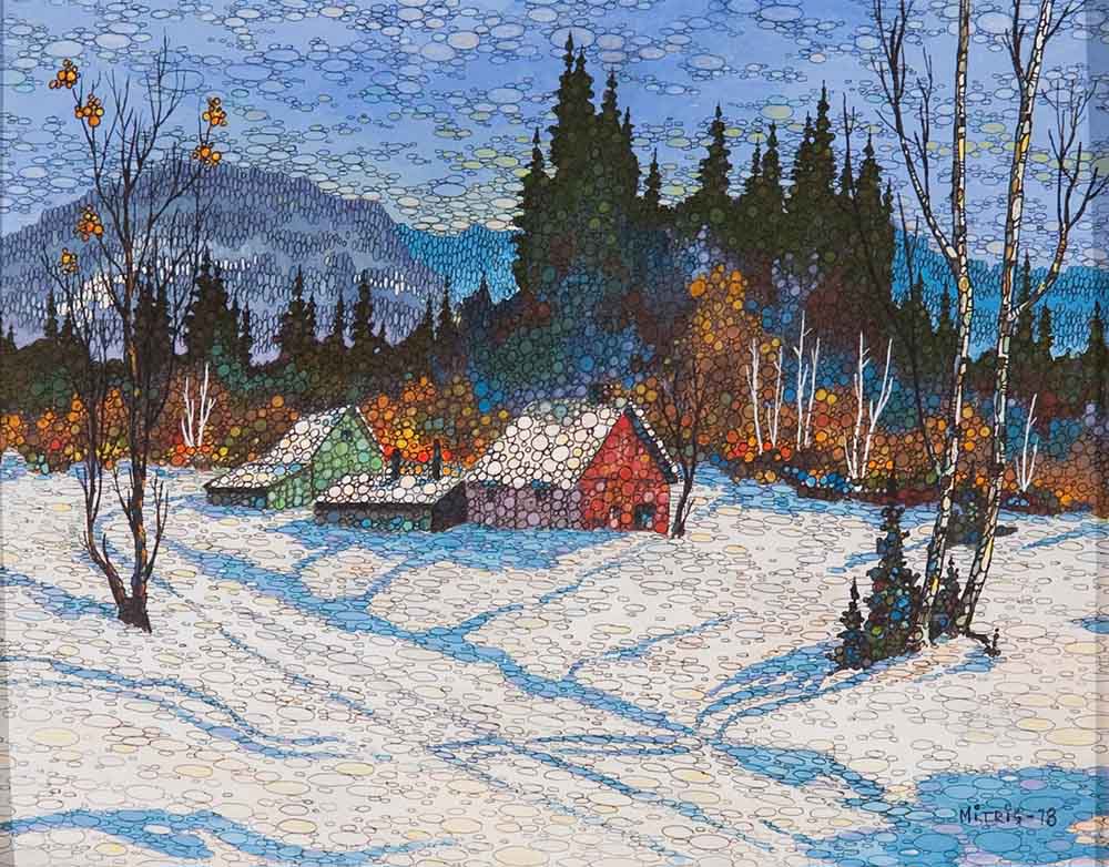 Winter landscape with a snowy plain in the foreground, in the middle of the painting is a house with its surroundings next to the forest edge with maple red colours, then green conifers with the mountainside and blue skies.