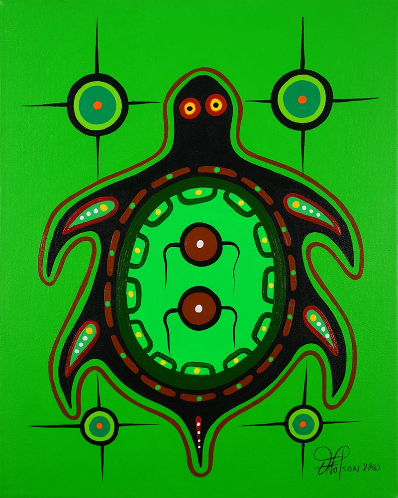 Sur un fond vert clair, est tracée en noir et rouge la silhouette d’une tortue en vue aérienne encadrée par quatre points de mire.