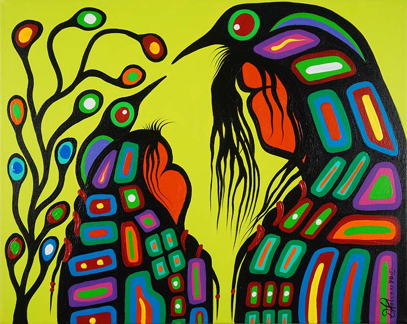 Peinture aux couleurs franches représentant deux personnages aux côtés d’un arbre.