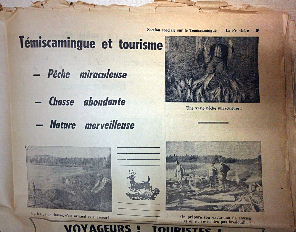 Une publicité dans un journal numérisé, contenant trois photos de scènes de chasse et pêche.