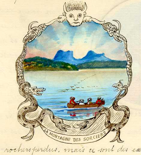 Medallion drawing of the view from a mountain and the hills from a distance. A stream with four people in a canoe takes place in the foreground. The medallion adorned with weird diabolical figures.