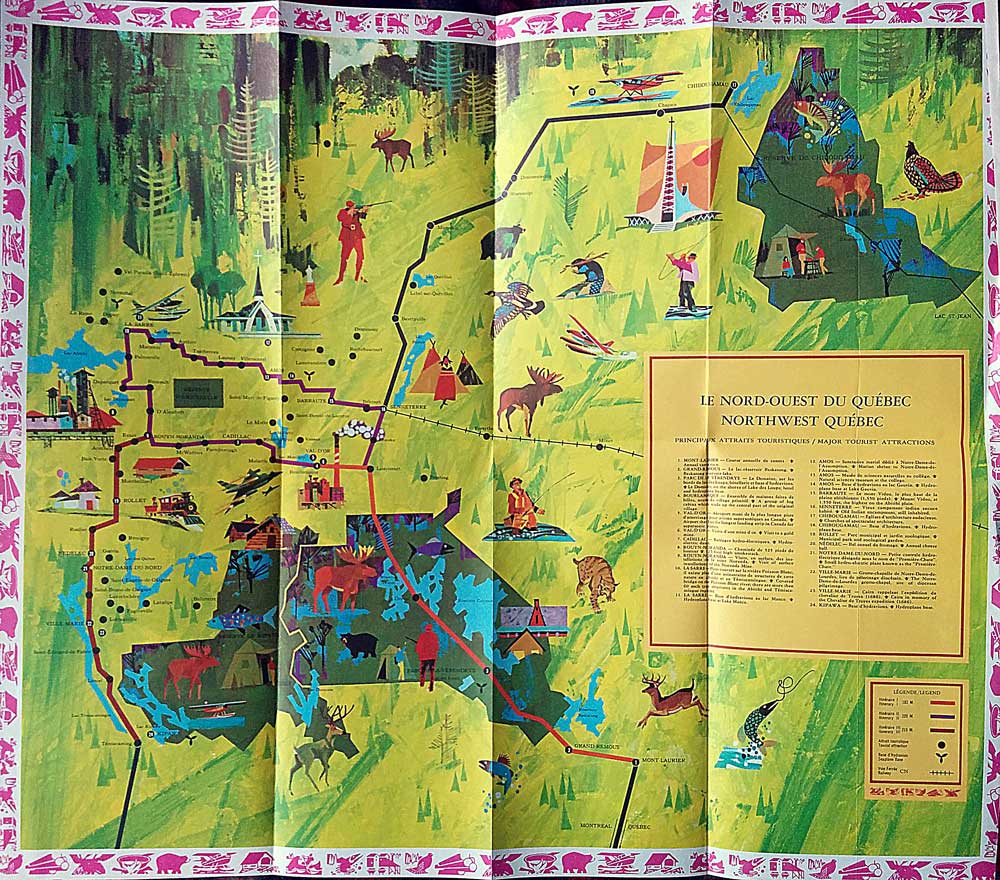 Carte imprimée avec des dessins faits à la main : animaux, attraits touristiques sous formes de pictogrammes très colorés.