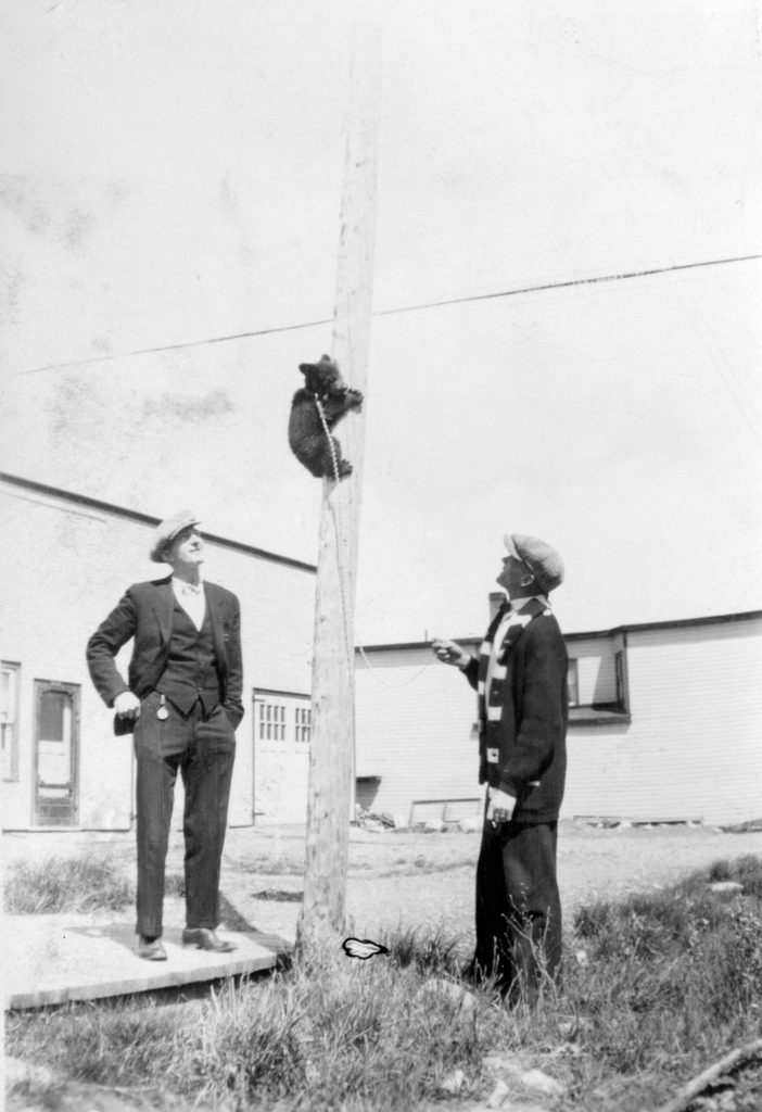 Black and white photograph of two men and a teddy bear climbing a pole.