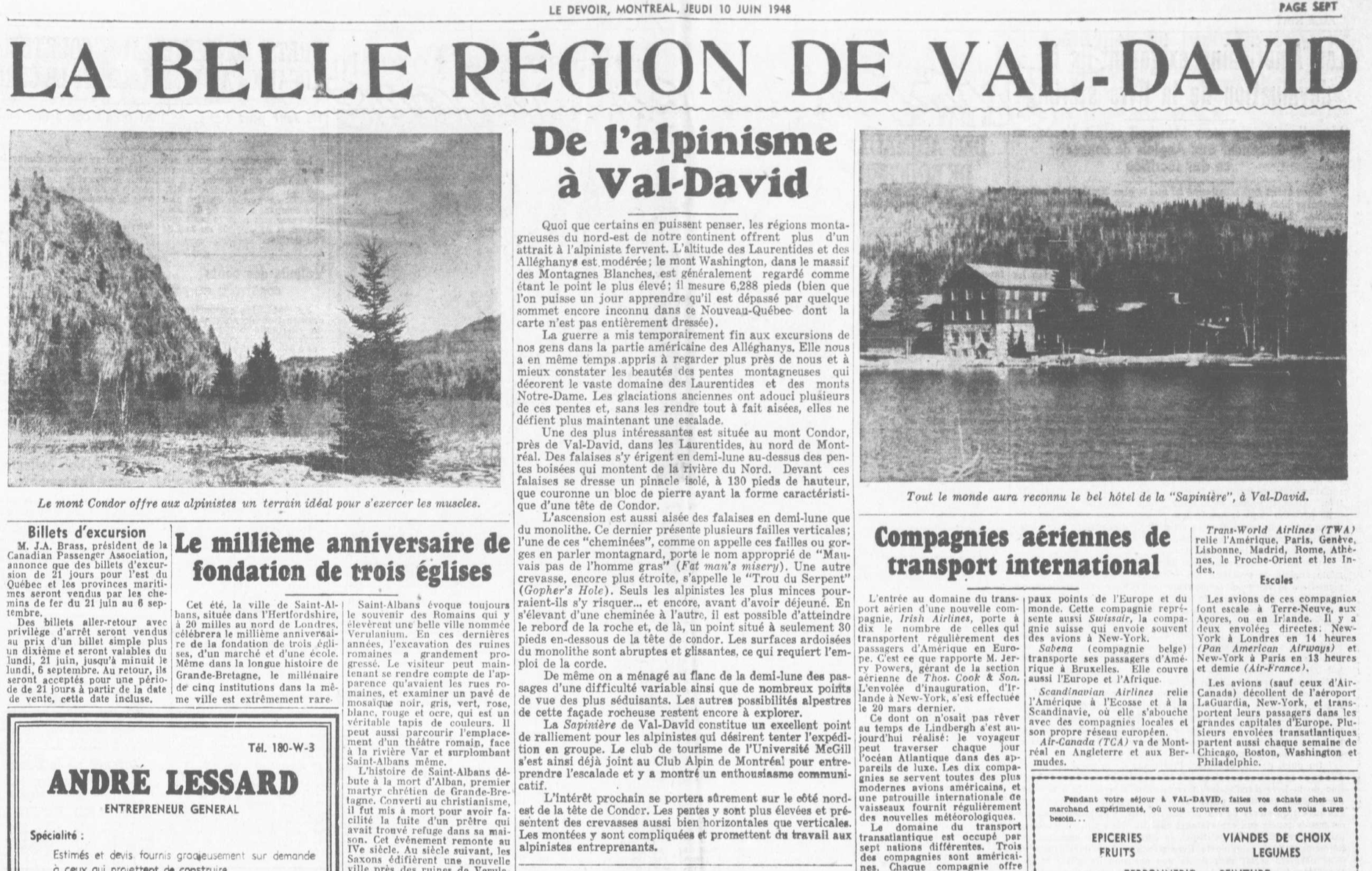 Extract from Le Devoir newspaper in 1947, referring to the tourist industry in Val-David and illustrated with two landscapes.