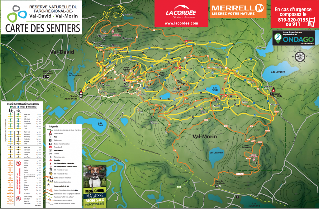 Carte du Parc Régional Val-David/Val-Morin, avec ses pistes et ses sentiers.