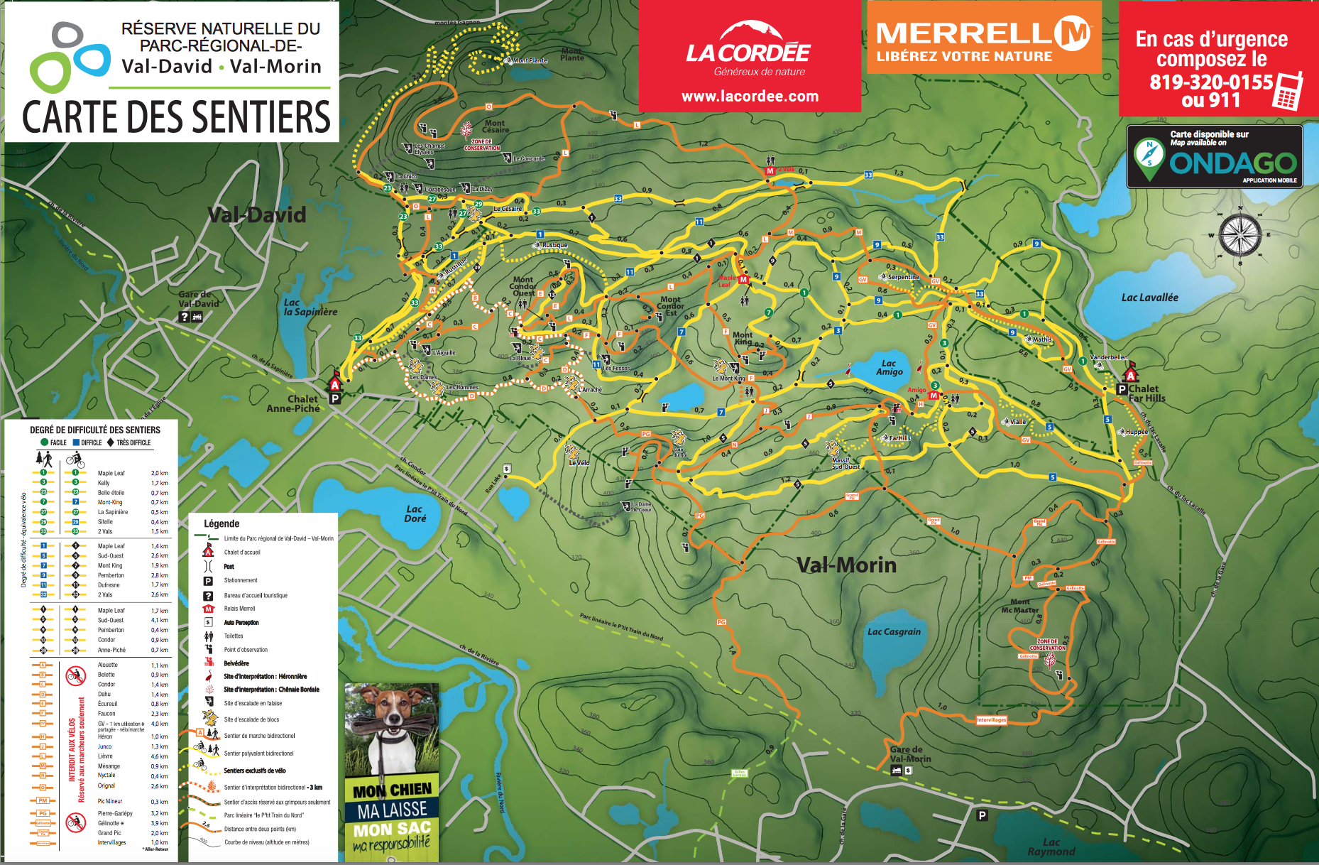 Map of the Val-David/Val-Morin Regional Park, with its slopes and trails.