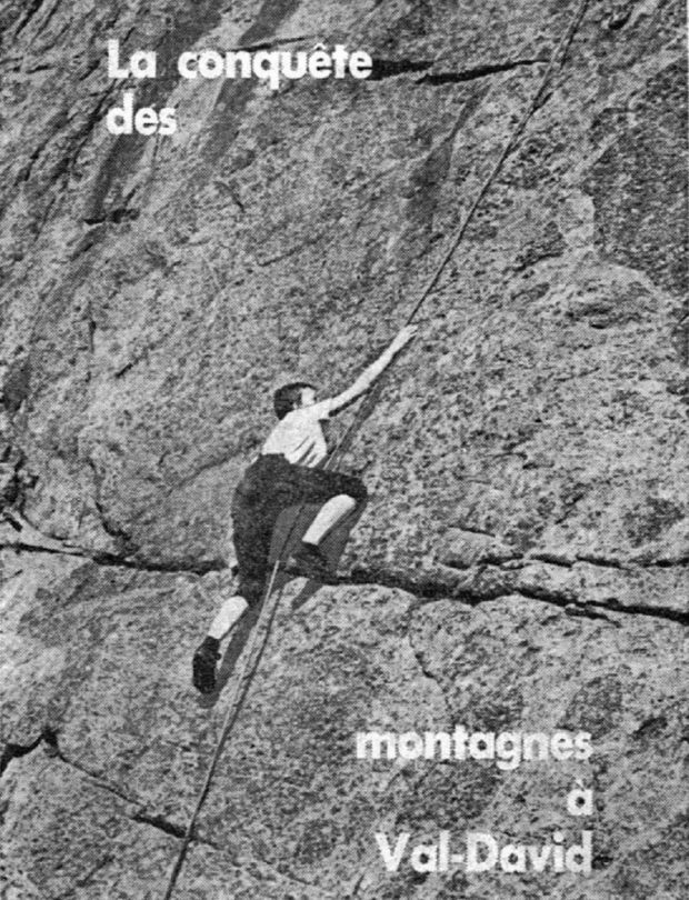 Black and white poster promoting the Fédération de montagne de Québec showing a woman climbing a rock wall with the text “Conquering the mountains of Val-David.”