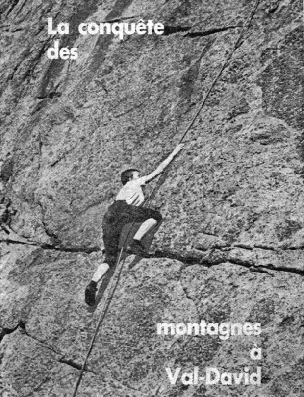 Black and white poster promoting the Fédération de montagne de Québec showing a woman climbing a rock wall with the text “Conquering the mountains of Val-David.”