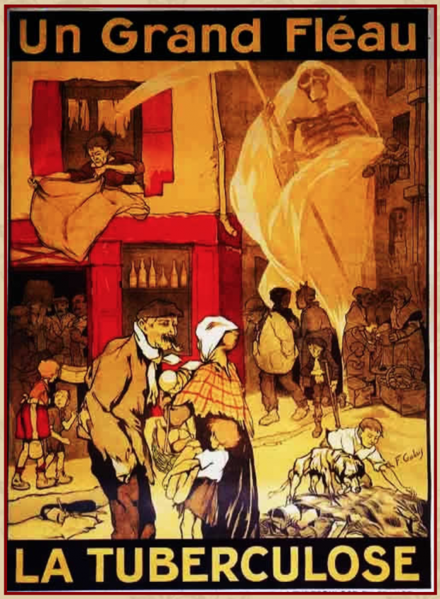 Anti-tuberculosis poster in colour featuring groups of needy people, including children, threatened by a skeleton wrapped in a shroud and holding a scythe.