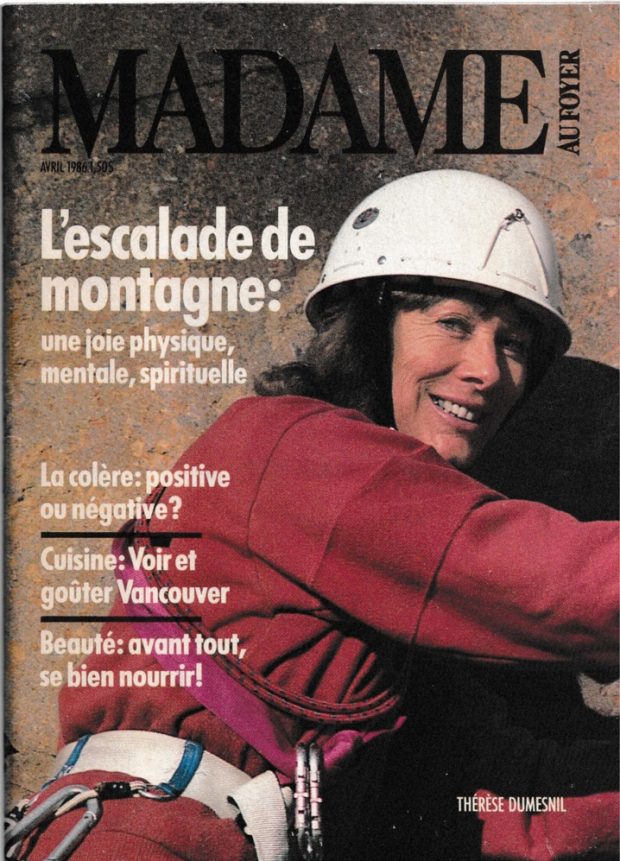 Cover of the magazine Madame au Foyer. A lady is dressed in red and wears a white helmet and other climbing equipment, and the titles of various articles also appear.