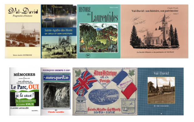 The covers of eight books concerning the history of Val-David and its region.