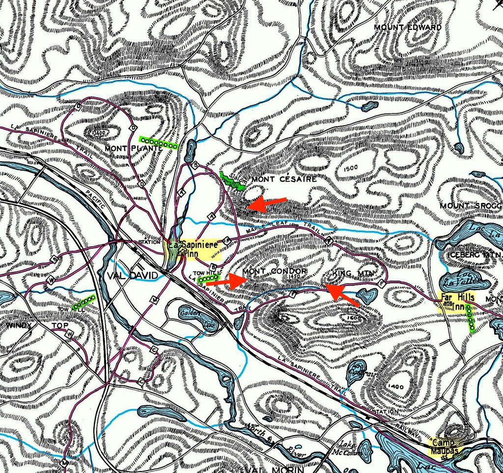 Map of the Val-David, Val-Morin region showing elevations, trails and the different locations where rock climbing has been practised.