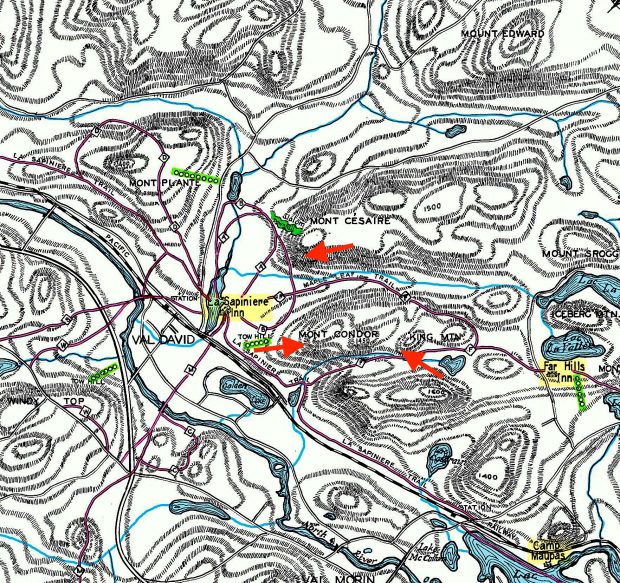 Map of the Val-David, Val-Morin region showing elevations, trails and the different locations where rock climbing has been practised.