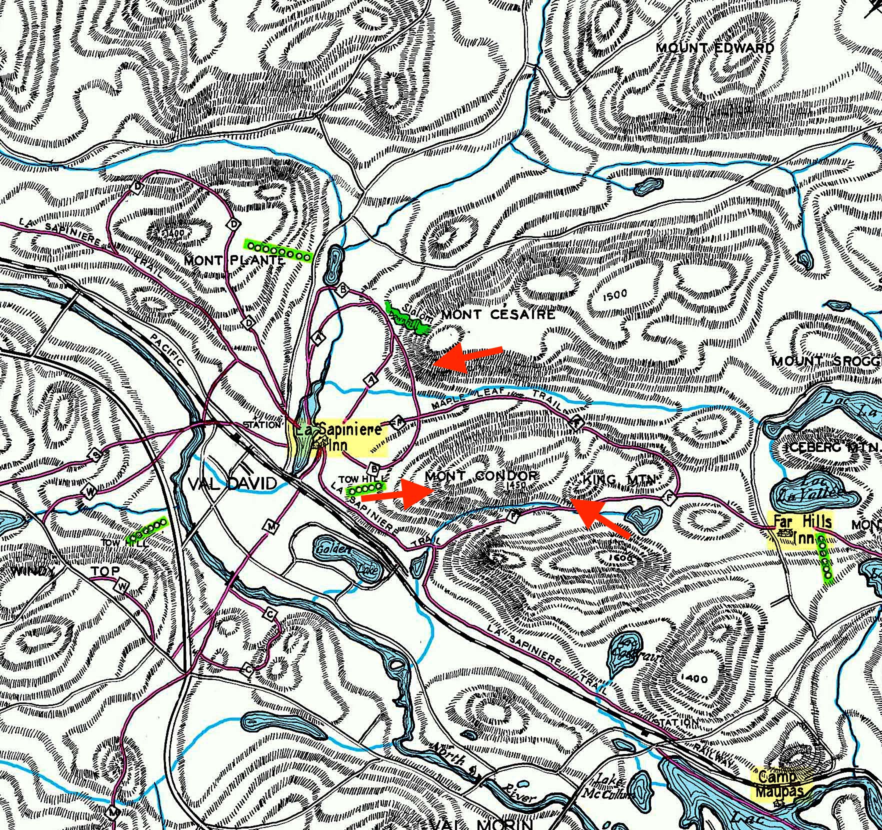 Map of the Val-David, Val-Morin region showing elevations, trails and the different locations where rock climbing has been practised.