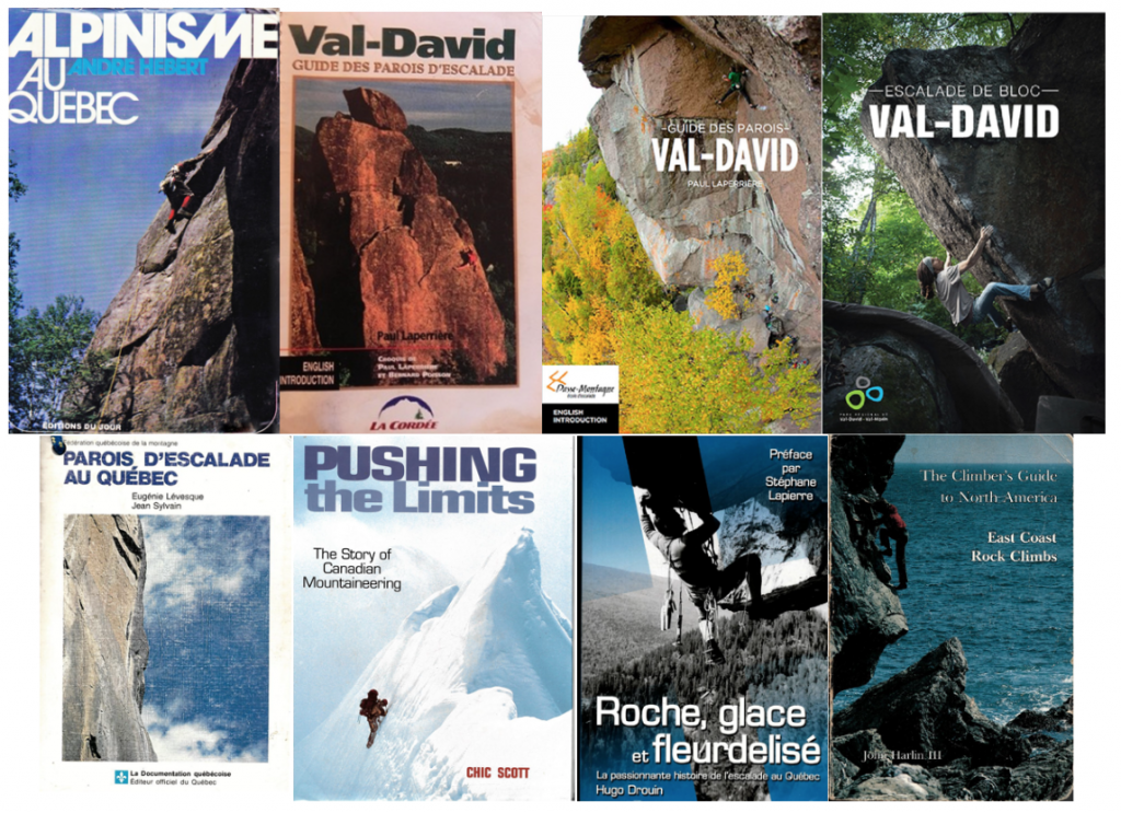 The covers of eight books consulted for the development of the exhibition: “Val-David, Birthplace of Rock Climbing in Canada.”